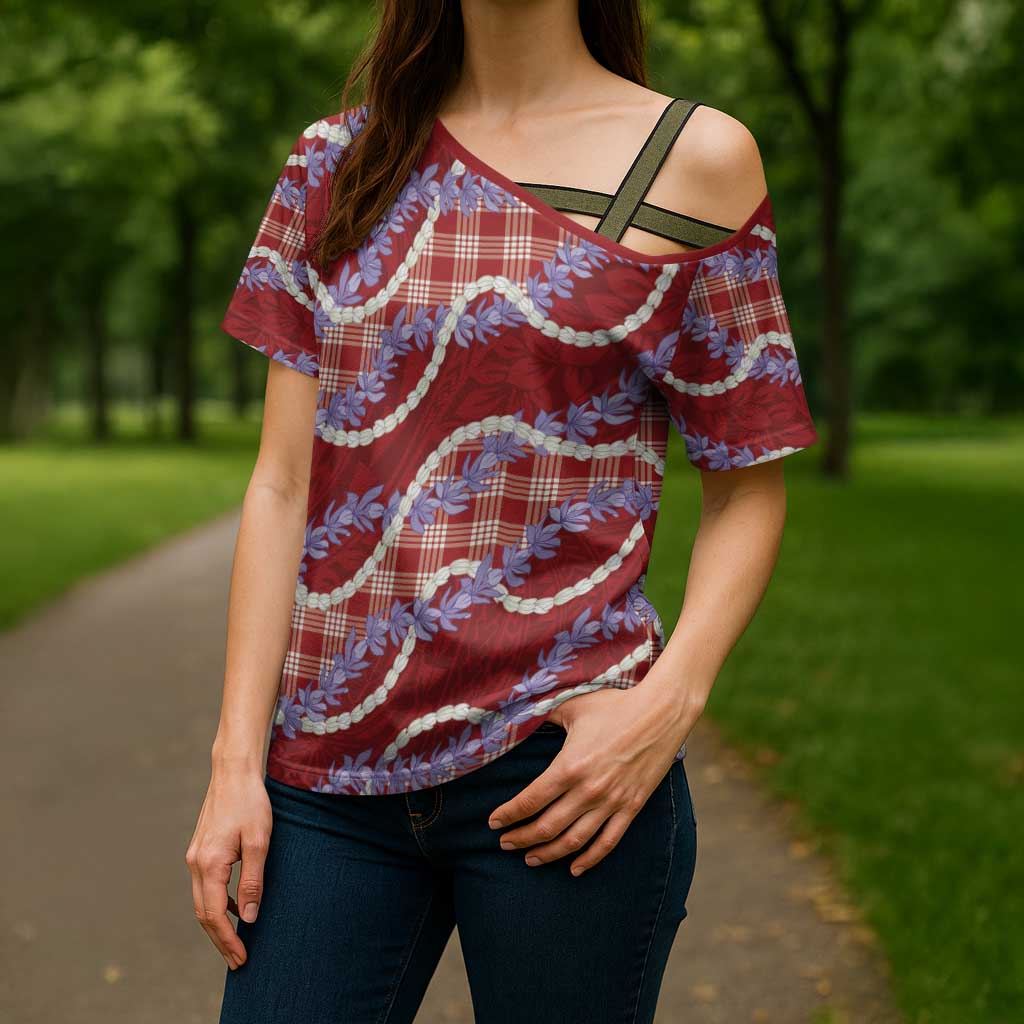 Red Hawaii Palaka Honohono Pikake Cross Shoulder Shirt Hawaiian Orchid Lei Polynesian Pattern - Polynesian Pride