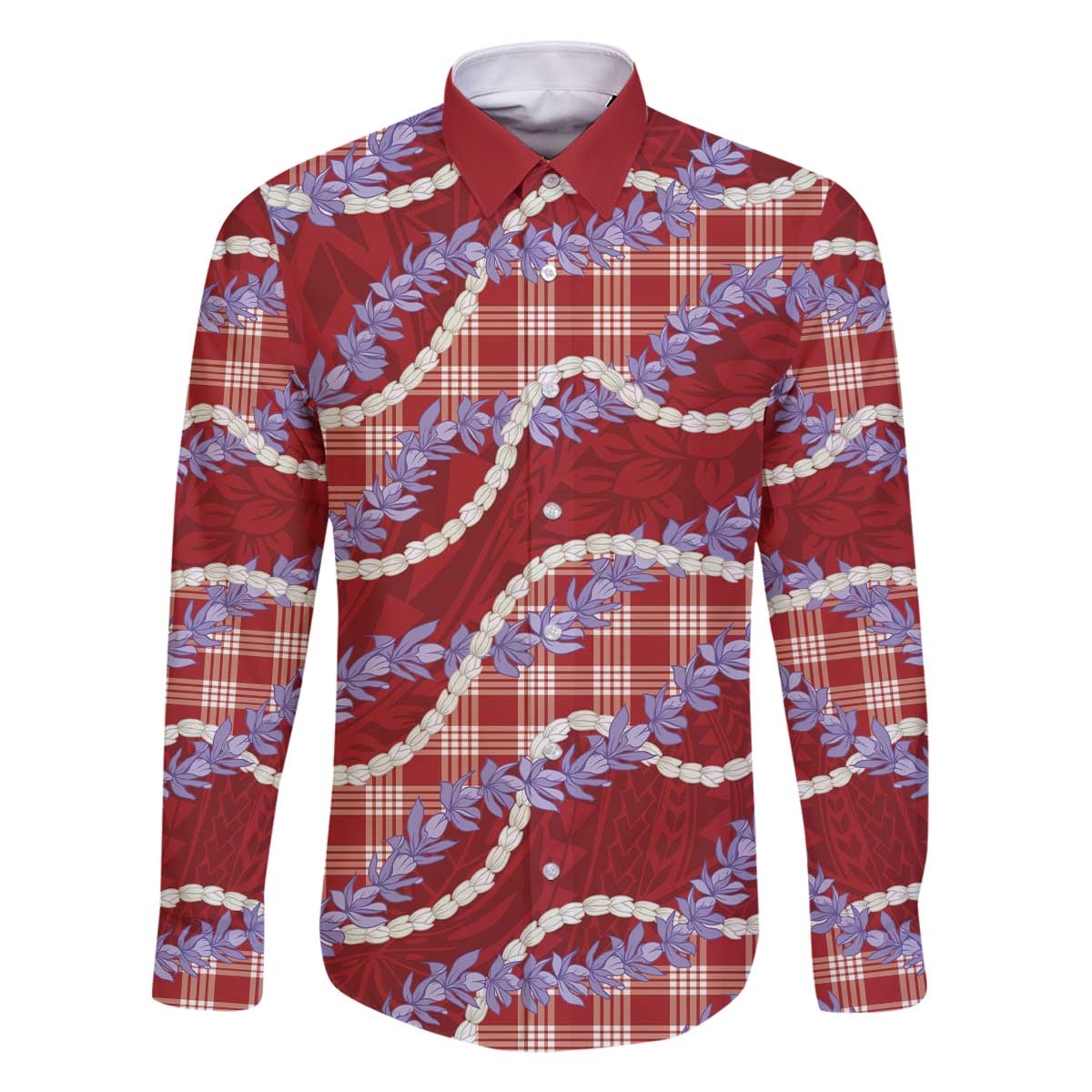 Red Hawaii Palaka Honohono Pikake Family Matching Off The Shoulder Long Sleeve Dress and Hawaiian Shirt Hawaiian Orchid Lei Polynesian Pattern - Polynesian Pride