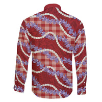 Red Hawaii Palaka Honohono Pikake Family Matching Off The Shoulder Long Sleeve Dress and Hawaiian Shirt Hawaiian Orchid Lei Polynesian Pattern - Polynesian Pride