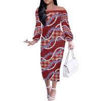 Red Hawaii Palaka Honohono Pikake Family Matching Off The Shoulder Long Sleeve Dress and Hawaiian Shirt Hawaiian Orchid Lei Polynesian Pattern - Polynesian Pride