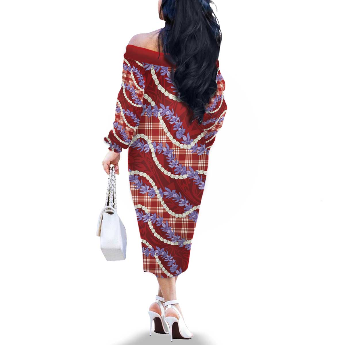 Red Hawaii Palaka Honohono Pikake Family Matching Off The Shoulder Long Sleeve Dress and Hawaiian Shirt Hawaiian Orchid Lei Polynesian Pattern - Polynesian Pride