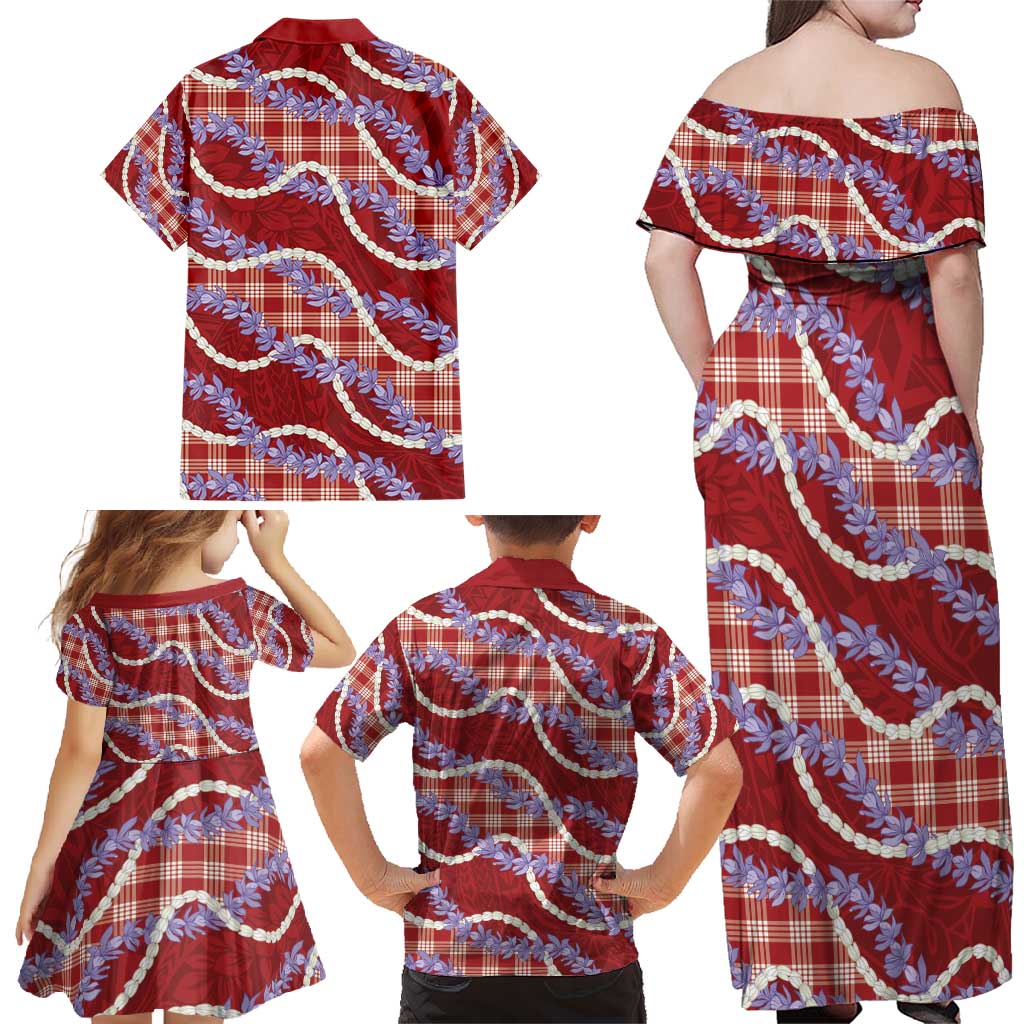 Red Hawaii Palaka Honohono Pikake Family Matching Off Shoulder Maxi Dress and Hawaiian Shirt Hawaiian Orchid Lei Polynesian Pattern - Polynesian Pride
