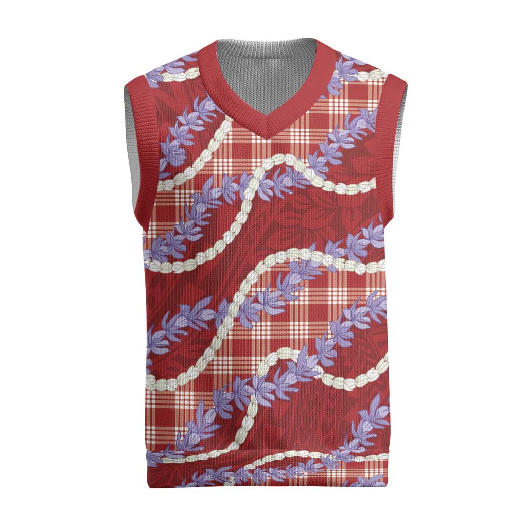 Red Hawaii Palaka Honohono Pikake Christmas Knitted V-Neck Vest Hawaiian Orchid Lei Polynesian Pattern - Polynesian Pride