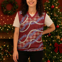 Red Hawaii Palaka Honohono Pikake Christmas Knitted V-Neck Vest Hawaiian Orchid Lei Polynesian Pattern - Polynesian Pride