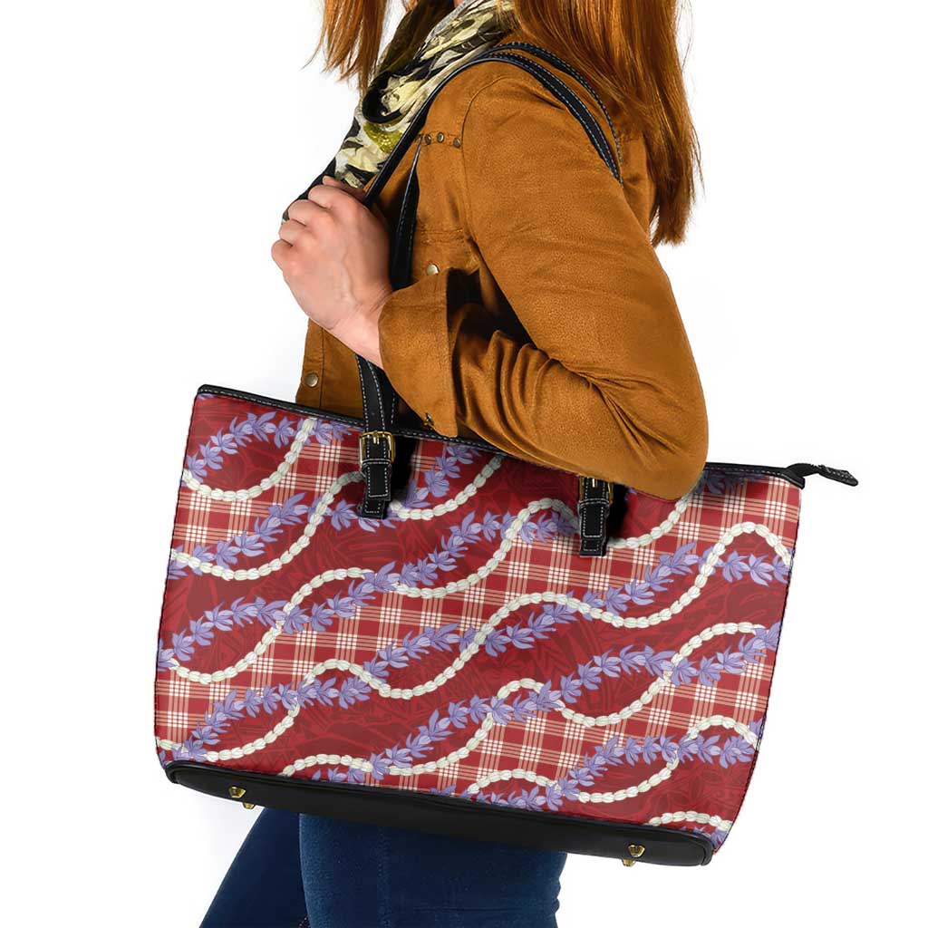 Red Hawaii Palaka Honohono Pikake Leather Tote Bag Hawaiian Orchid Lei Polynesian Pattern - Polynesian Pride