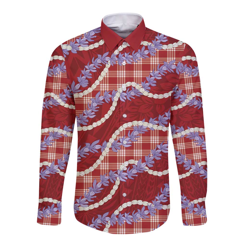 Red Hawaii Palaka Honohono Pikake Long Sleeve Button Shirt Hawaiian Orchid Lei Polynesian Pattern - Polynesian Pride