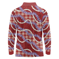 Red Hawaii Palaka Honohono Pikake Long Sleeve Polo Shirt Hawaiian Orchid Lei Polynesian Pattern - Polynesian Pride