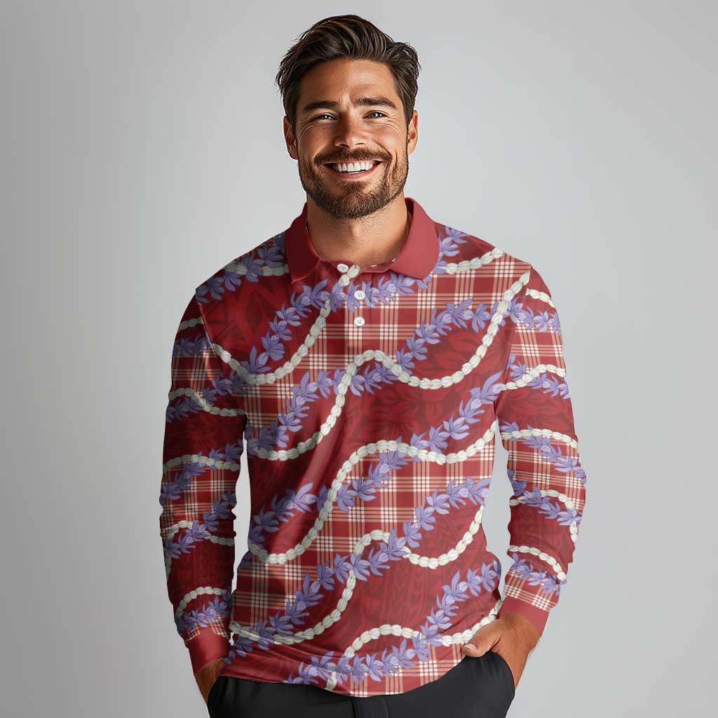 Red Hawaii Palaka Honohono Pikake Long Sleeve Polo Shirt Hawaiian Orchid Lei Polynesian Pattern - Polynesian Pride