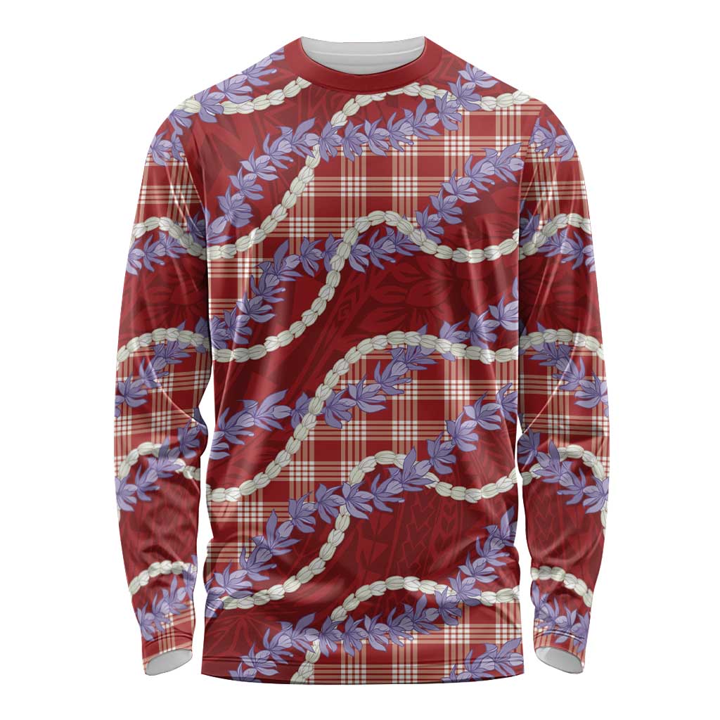 Red Hawaii Palaka Honohono Pikake Long Sleeve Shirt Hawaiian Orchid Lei Polynesian Pattern - Polynesian Pride