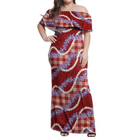 Red Hawaii Palaka Honohono Pikake Off Shoulder Maxi Dress Hawaiian Orchid Lei Polynesian Pattern - Polynesian Pride