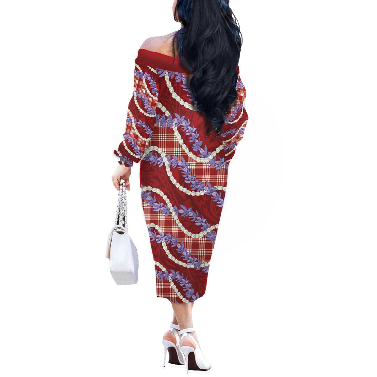 Red Hawaii Palaka Honohono Pikake Off The Shoulder Long Sleeve Dress Hawaiian Orchid Lei Polynesian Pattern - Polynesian Pride