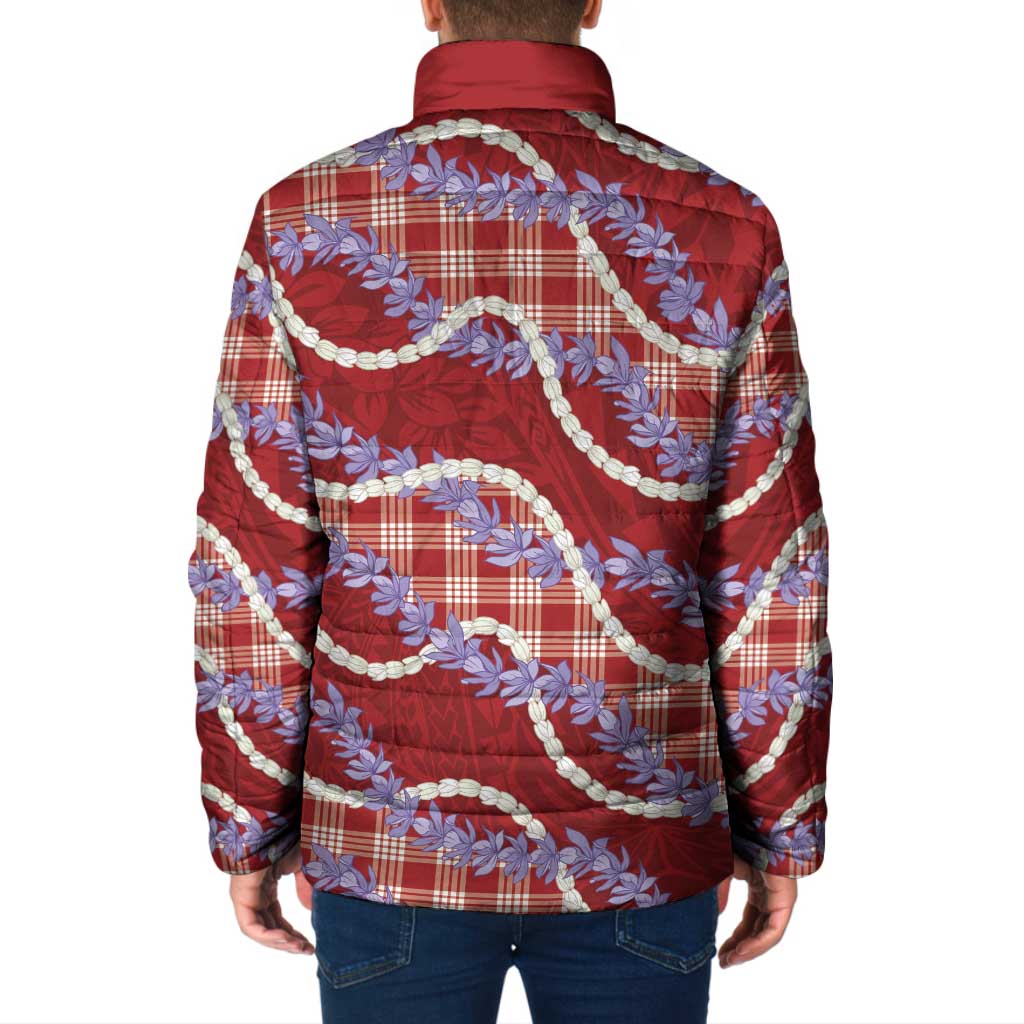 Red Hawaii Palaka Honohono Pikake Padded Jacket Hawaiian Orchid Lei Polynesian Pattern - Polynesian Pride