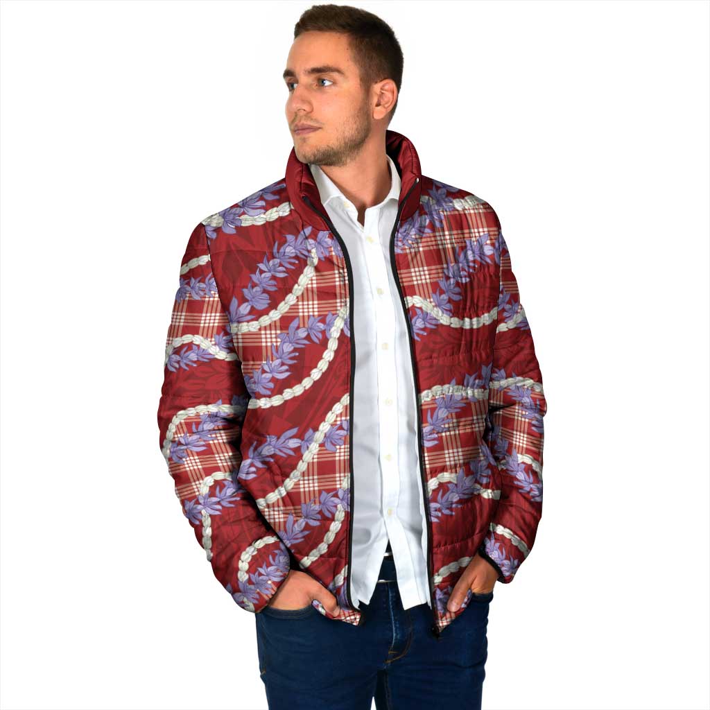 Red Hawaii Palaka Honohono Pikake Padded Jacket Hawaiian Orchid Lei Polynesian Pattern - Polynesian Pride