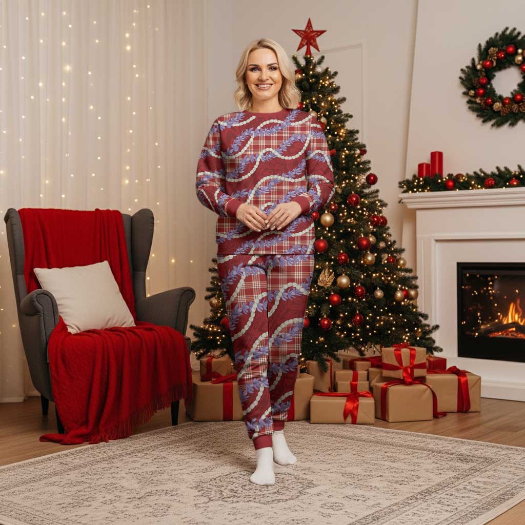 Red Hawaii Palaka Honohono Pikake Christmas Pajama Set Hawaiian Orchid Lei Polynesian Pattern - Polynesian Pride