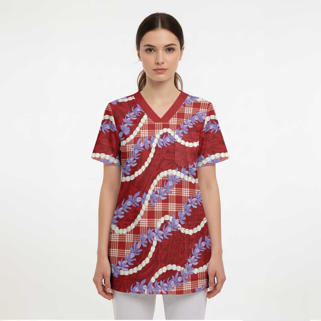 Red Hawaii Palaka Honohono Pikake Scrub Top Hawaiian Orchid Lei Polynesian Pattern - Polynesian Pride