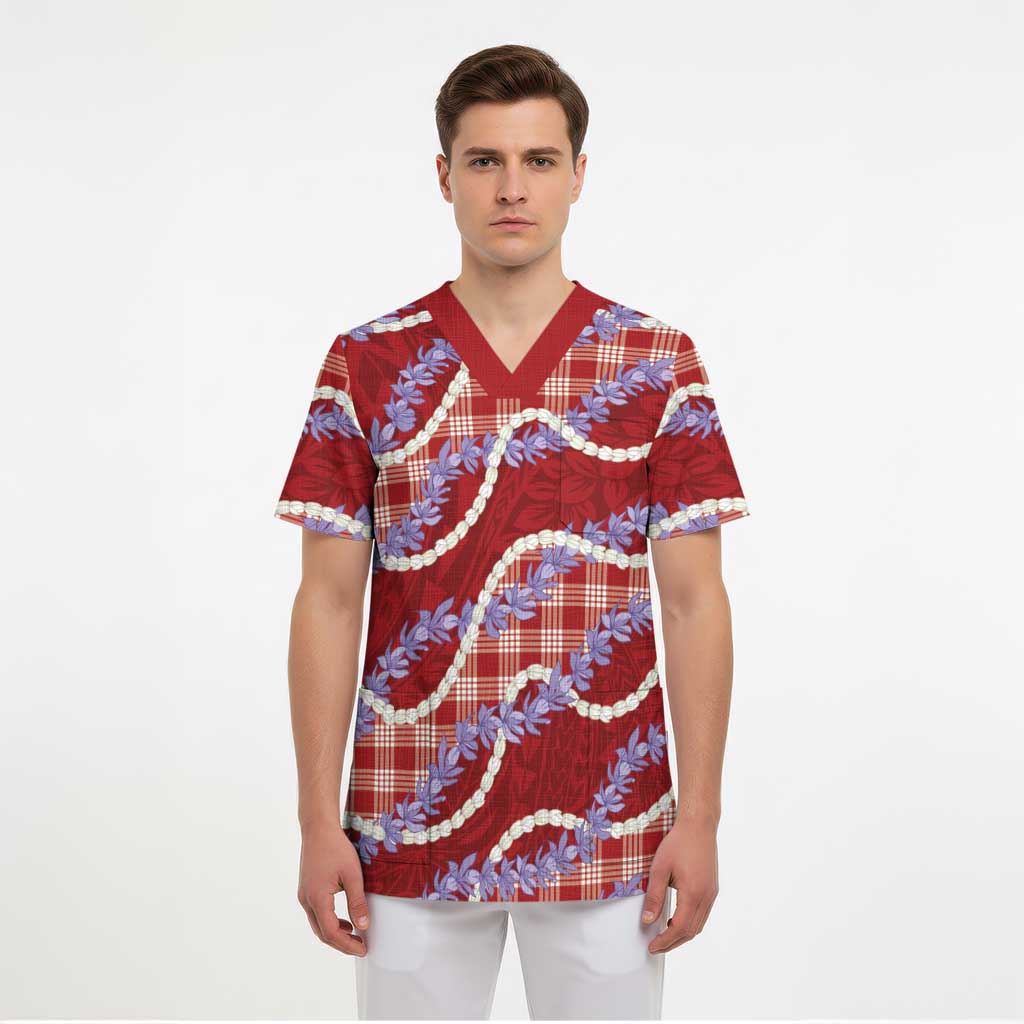Red Hawaii Palaka Honohono Pikake Scrub Top Hawaiian Orchid Lei Polynesian Pattern - Polynesian Pride