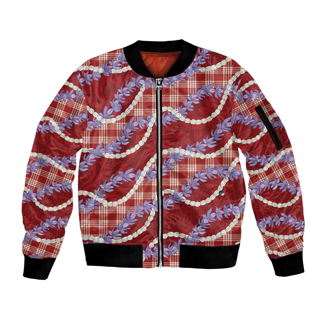 Red Hawaii Palaka Honohono Pikake Sleeve Zip Bomber Jacket Hawaiian Orchid Lei Polynesian Pattern - Polynesian Pride