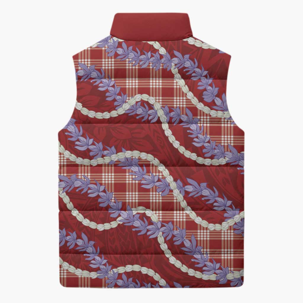 Red Hawaii Palaka Honohono Pikake Sleeveless Puffer Jacket Hawaiian Orchid Lei Polynesian Pattern - Polynesian Pride