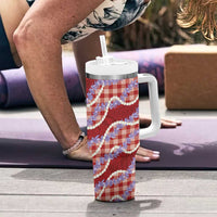 Red Hawaii Palaka Honohono Pikake Tumbler With Handle Hawaiian Orchid Lei Polynesian Pattern - Polynesian Pride