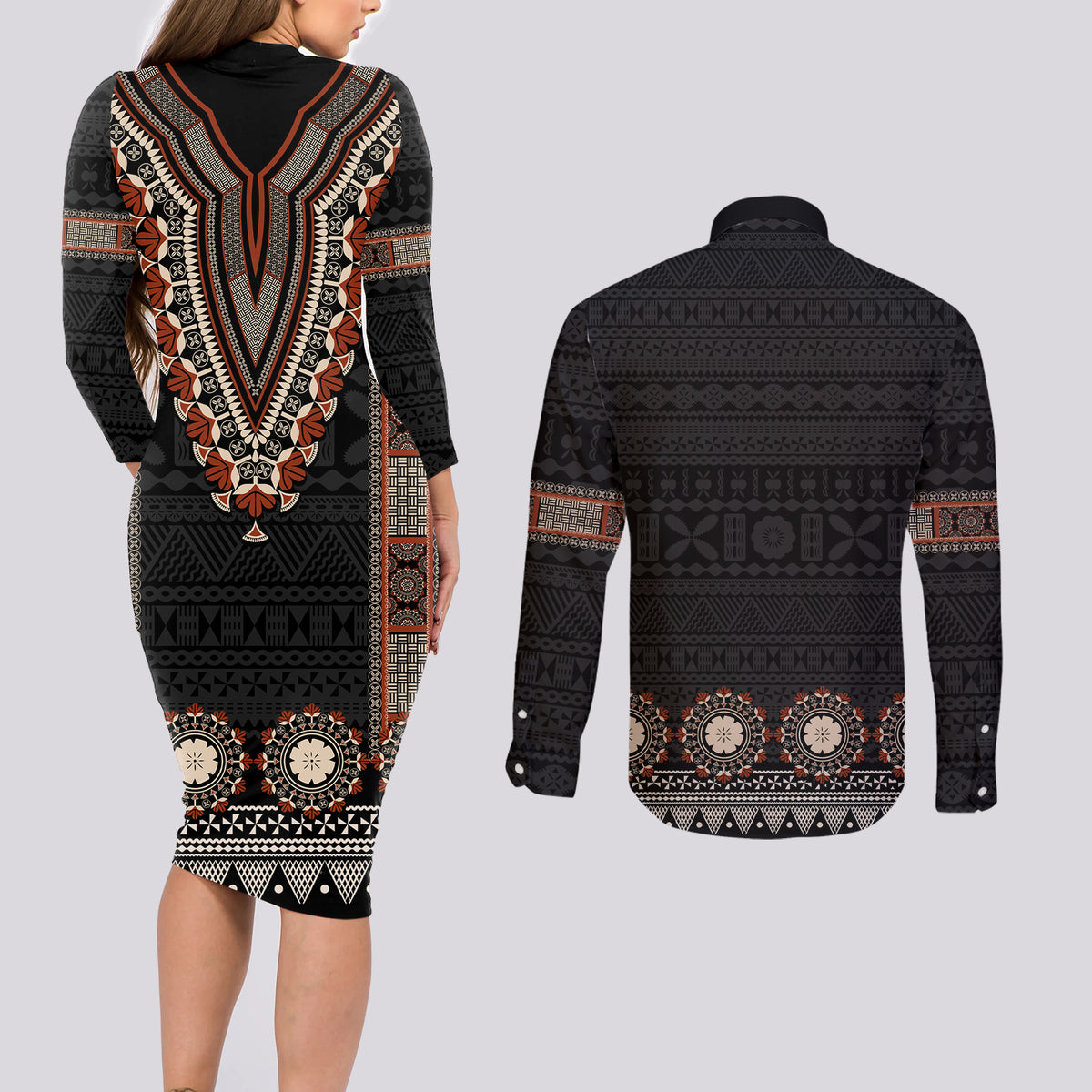 Bula Fiji Dashiki Vintage Fijian Masi Tapa Pattern Couples Matching Long Sleeve Bodycon Dress and Long Sleeve Button Shirt LT14 - Polynesian Pride