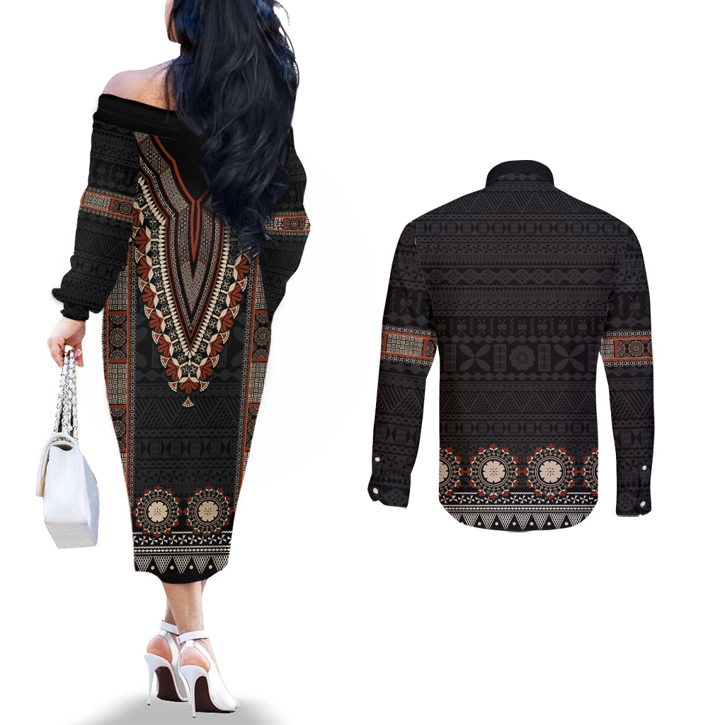 Bula Fiji Dashiki Vintage Fijian Masi Tapa Pattern Couples Matching Off The Shoulder Long Sleeve Dress and Long Sleeve Button Shirt LT14 - Polynesian Pride