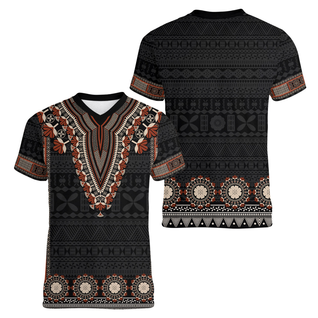 Bula Fiji Dashiki Vintage Fijian Masi Tapa Pattern Women V Neck T Shirt LT14 - Polynesian Pride