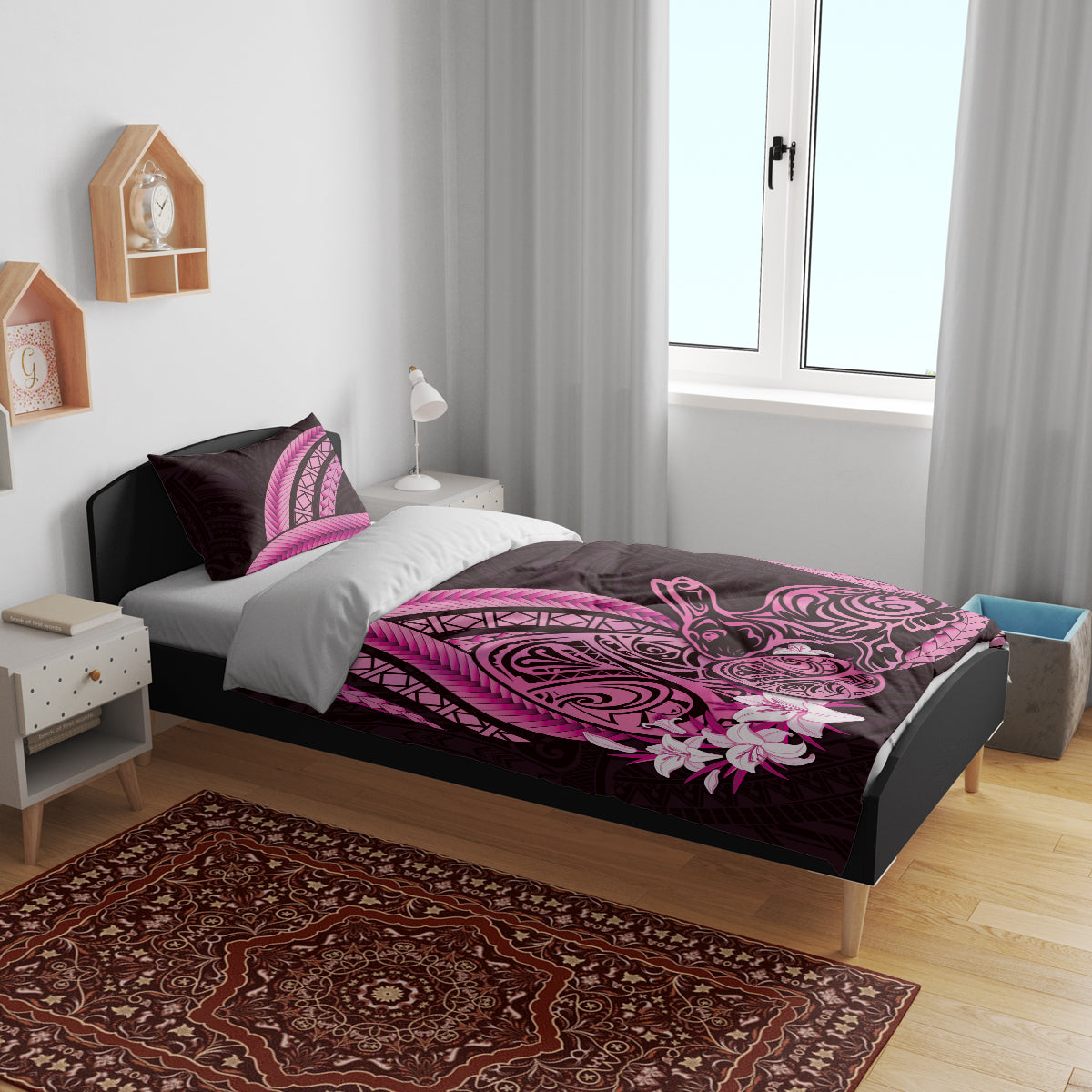 Pink Polynesia Easter Day Bedding Set Eggs With Bunny Polynesian Pattern
