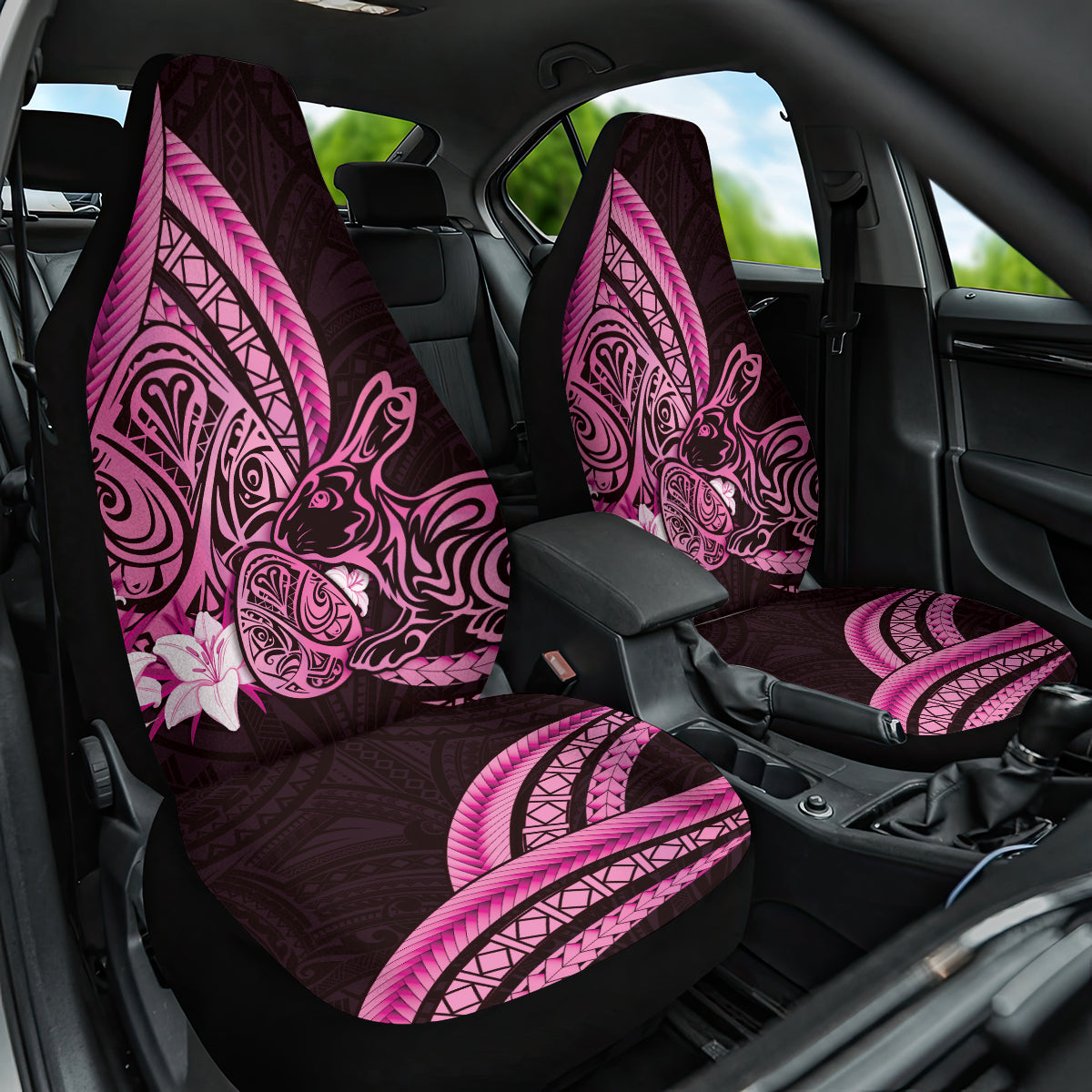 Pink Polynesia Easter Day Car Seat Cover Eggs With Bunny Polynesian Pattern