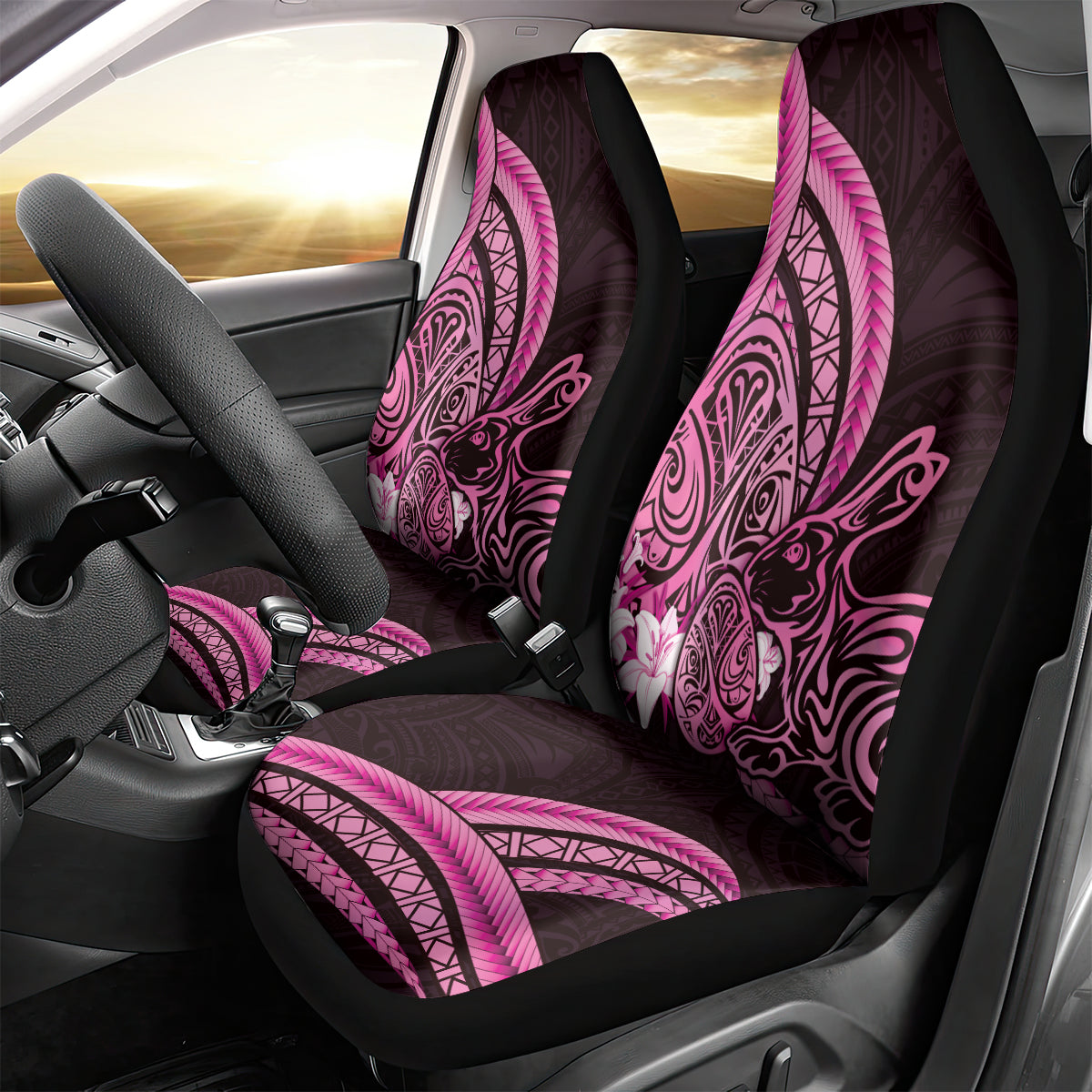 Pink Polynesia Easter Day Car Seat Cover Eggs With Bunny Polynesian Pattern