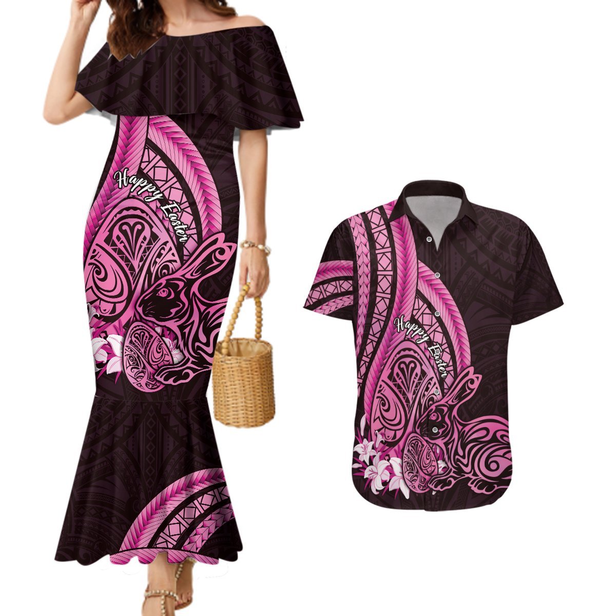 Pink Polynesia Easter Day Couples Matching Mermaid Dress and Hawaiian Shirt Eggs With Bunny Polynesian Pattern LT14 Pink - Polynesian Pride