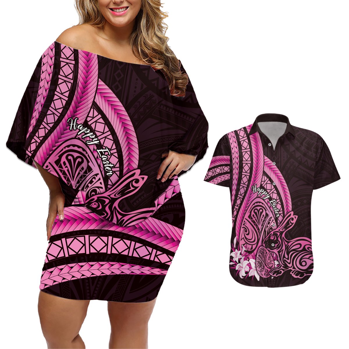 Pink Polynesia Easter Day Couples Matching Off Shoulder Short Dress and Hawaiian Shirt Eggs With Bunny Polynesian Pattern