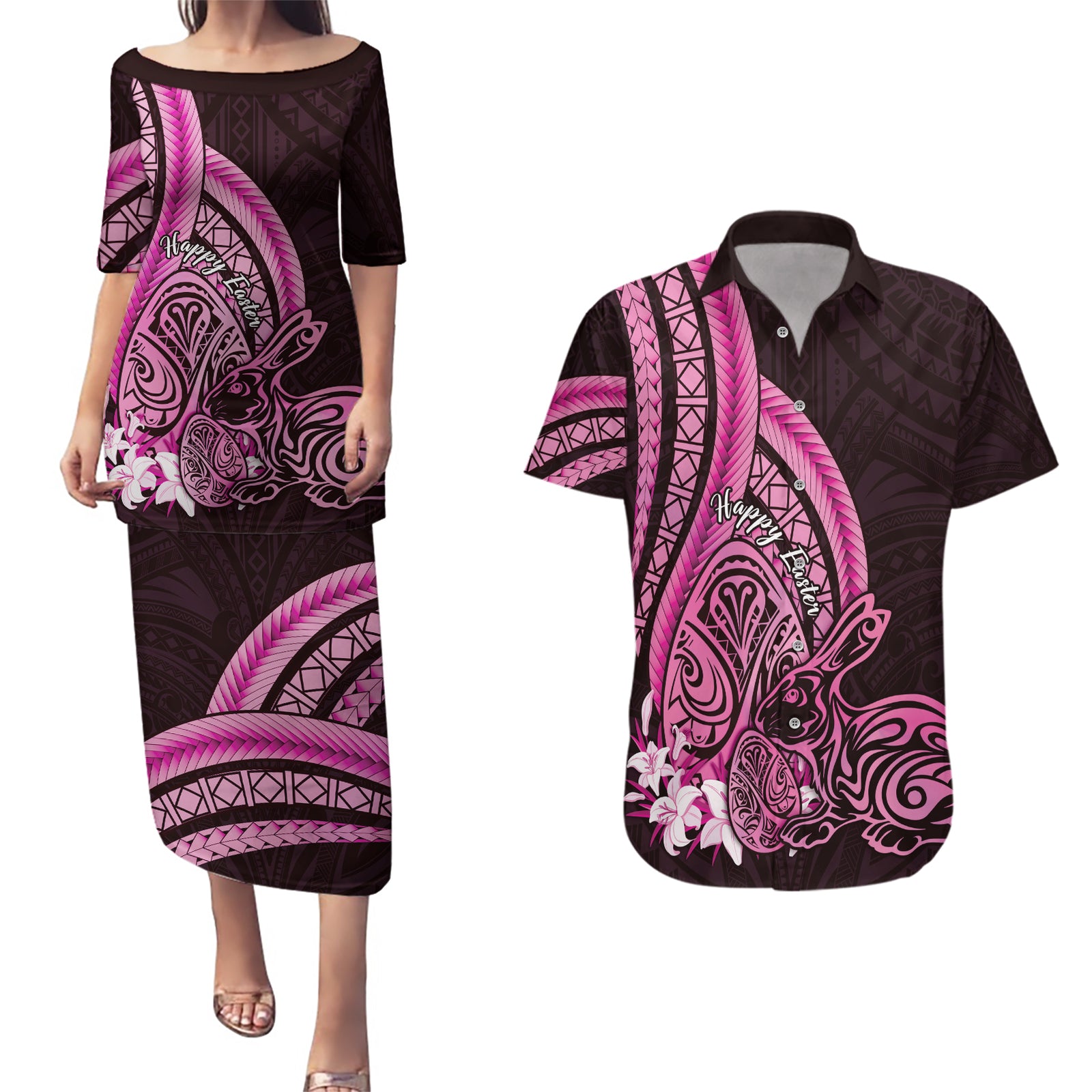 Pink Polynesia Easter Day Couples Matching Puletasi and Hawaiian Shirt Eggs With Bunny Polynesian Pattern