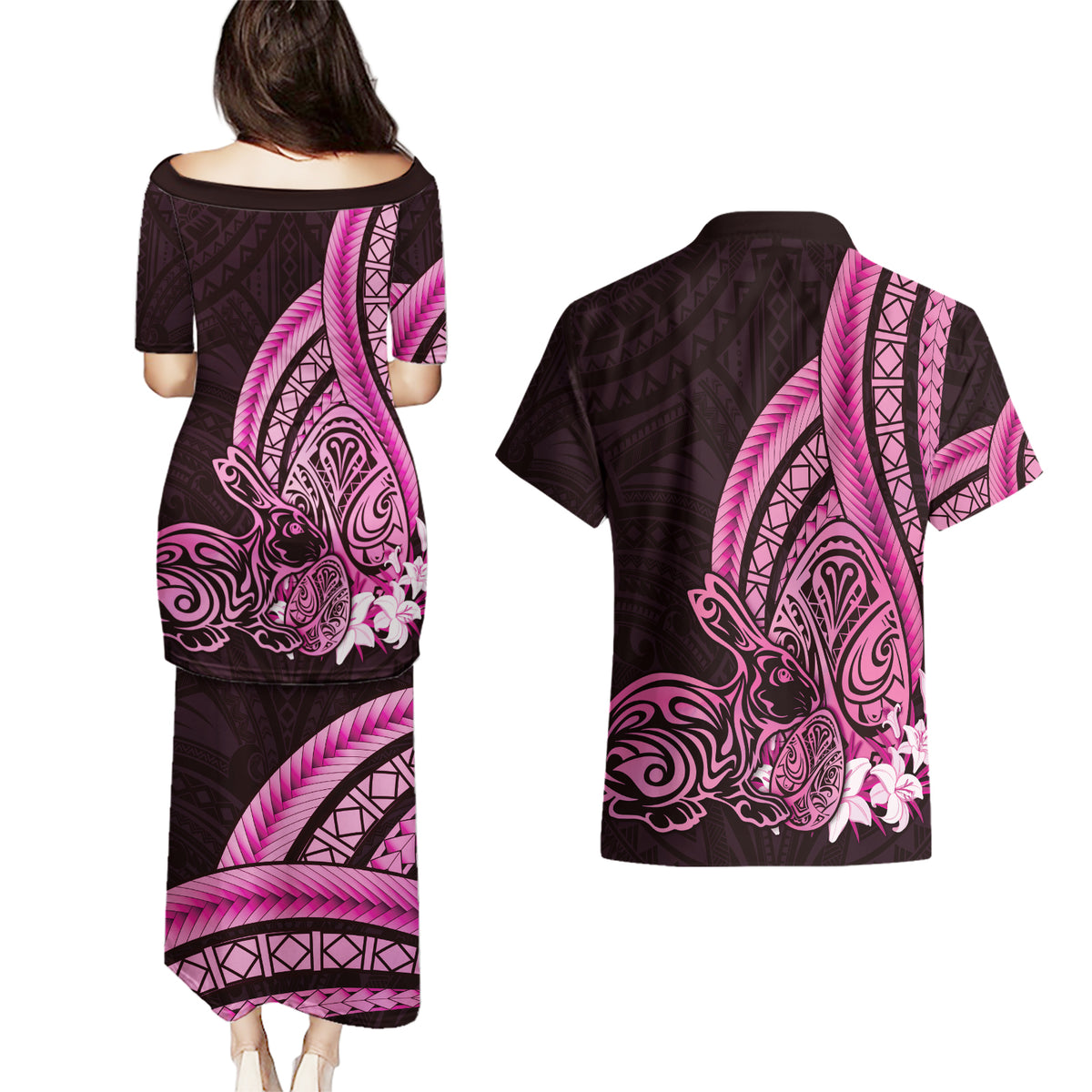 Pink Polynesia Easter Day Couples Matching Puletasi and Hawaiian Shirt Eggs With Bunny Polynesian Pattern