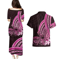 Pink Polynesia Easter Day Couples Matching Puletasi and Hawaiian Shirt Eggs With Bunny Polynesian Pattern