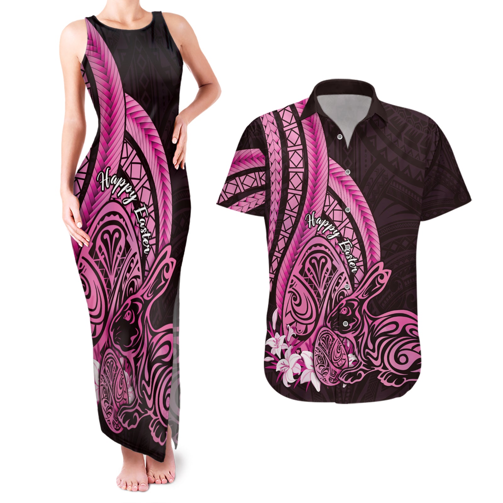 Pink Polynesia Easter Day Couples Matching Tank Maxi Dress and Hawaiian Shirt Eggs With Bunny Polynesian Pattern