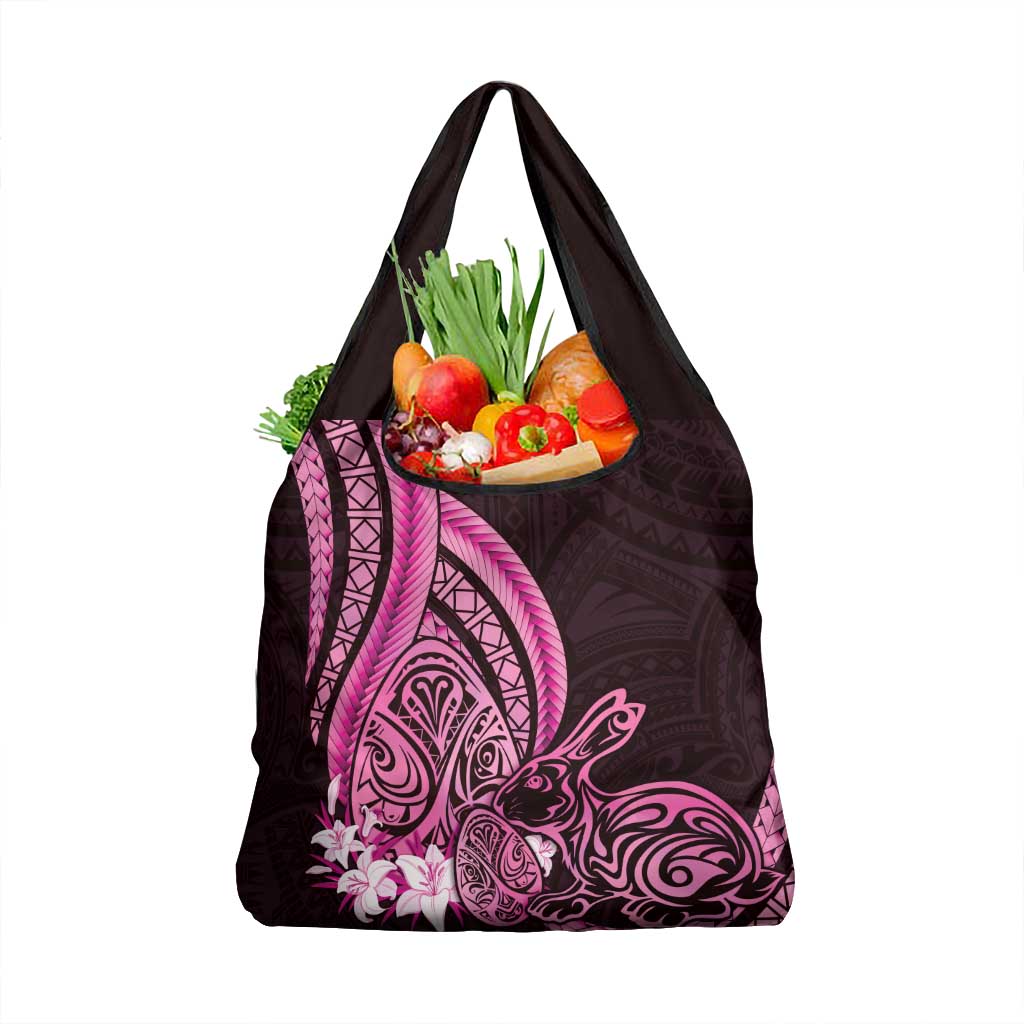 Pink Polynesia Easter Day Grocery Bag Eggs With Bunny Polynesian Pattern