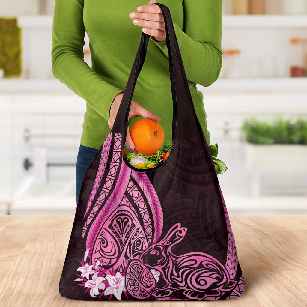 Pink Polynesia Easter Day Grocery Bag Eggs With Bunny Polynesian Pattern