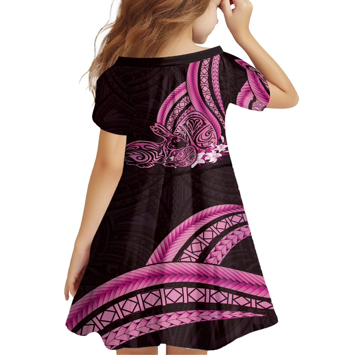 Pink Polynesia Easter Day Kid Short Sleeve Dress Eggs With Bunny Polynesian Pattern