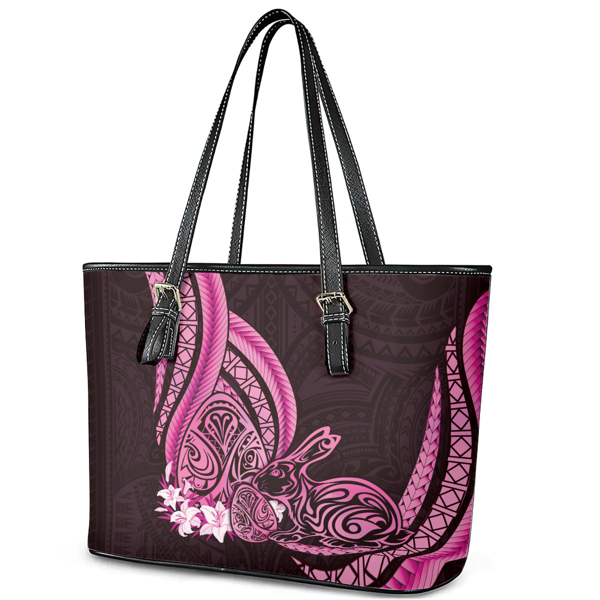 Pink Polynesia Easter Day Leather Tote Bag Eggs With Bunny Polynesian Pattern