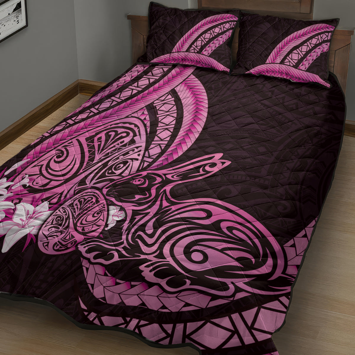 Pink Polynesia Easter Day Quilt Bed Set Eggs With Bunny Polynesian Pattern