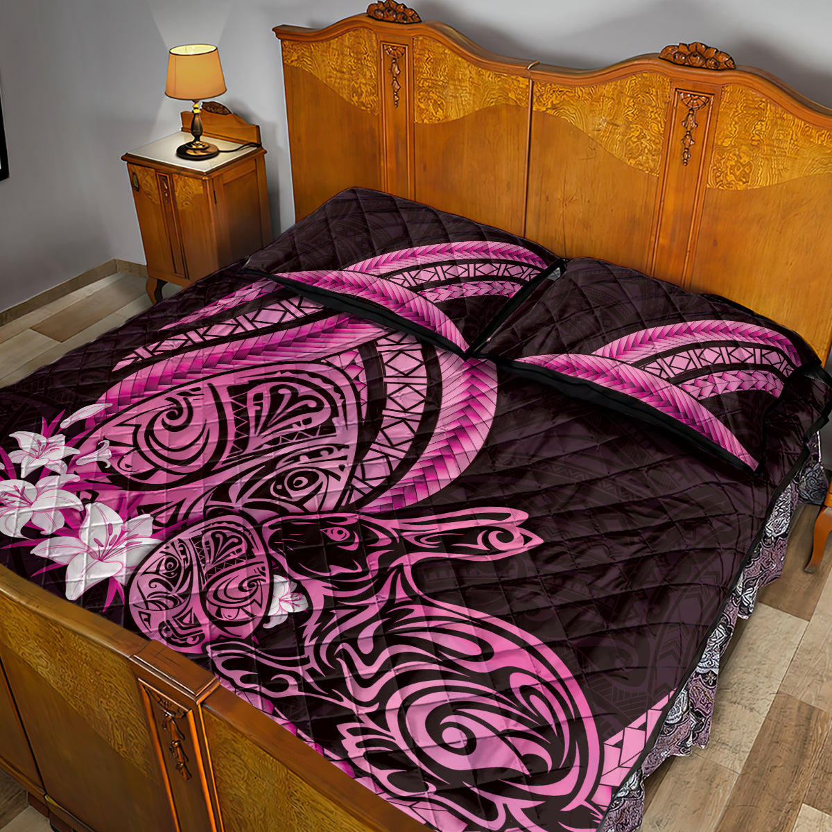 Pink Polynesia Easter Day Quilt Bed Set Eggs With Bunny Polynesian Pattern