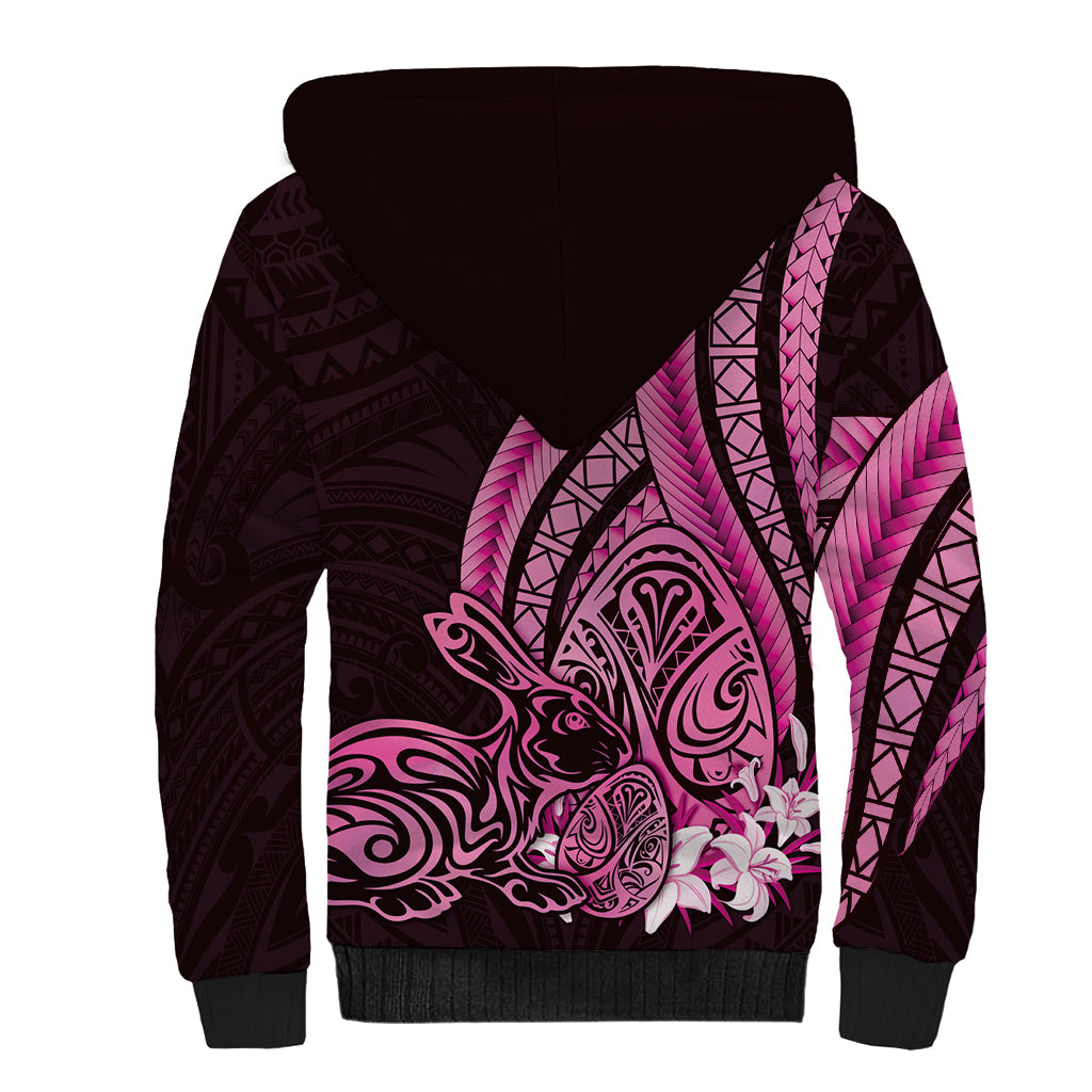 Pink Polynesia Easter Day Sherpa Hoodie Eggs With Bunny Polynesian Pattern