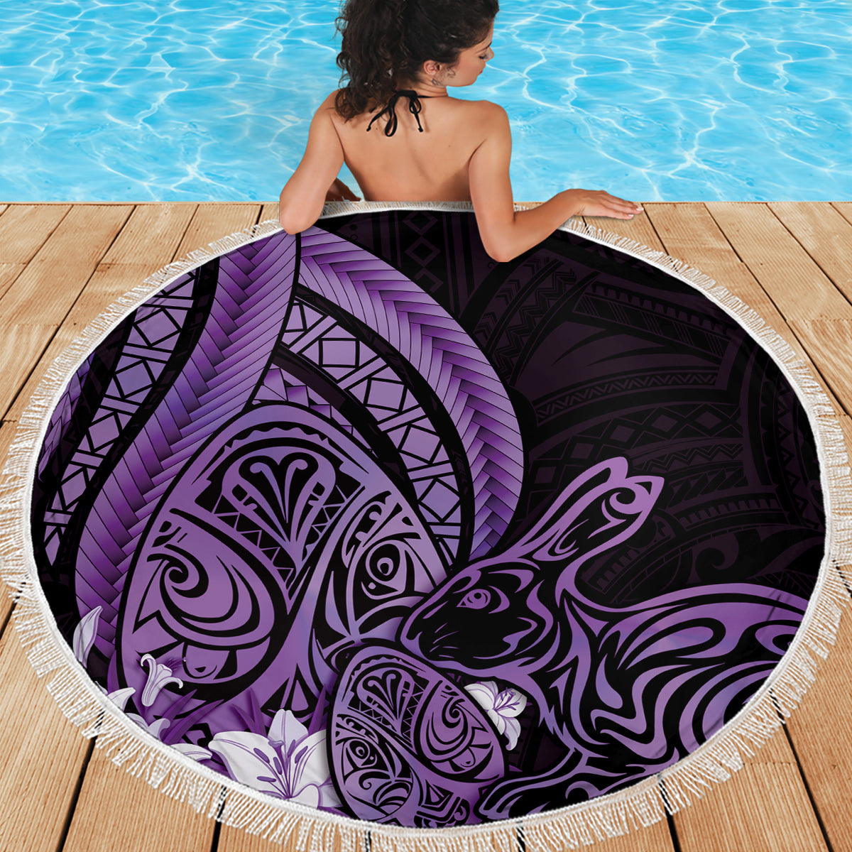 Purple Polynesia Easter Day Beach Blanket Eggs With Bunny Polynesian Pattern