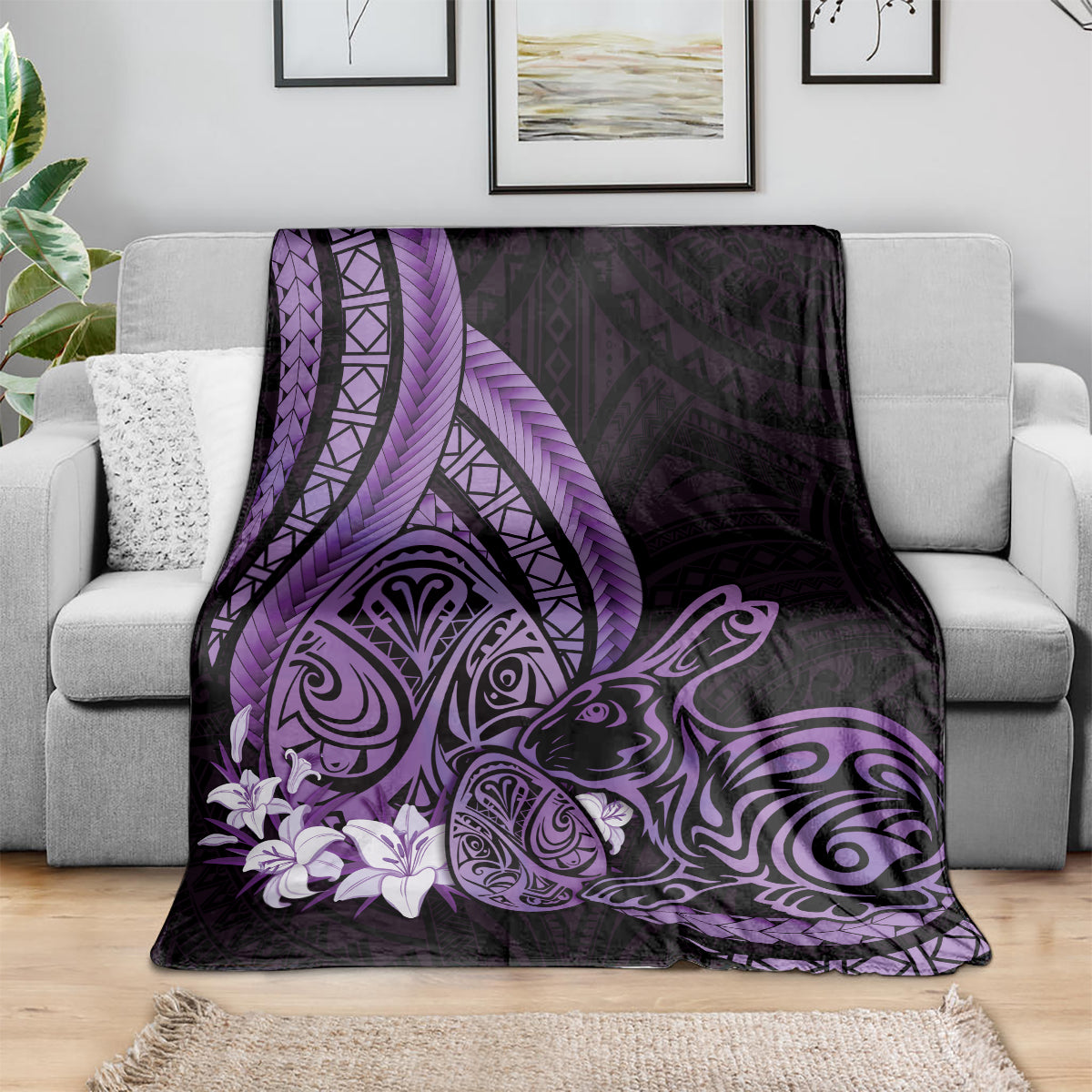 Purple Polynesia Easter Day Blanket Eggs With Bunny Polynesian Pattern