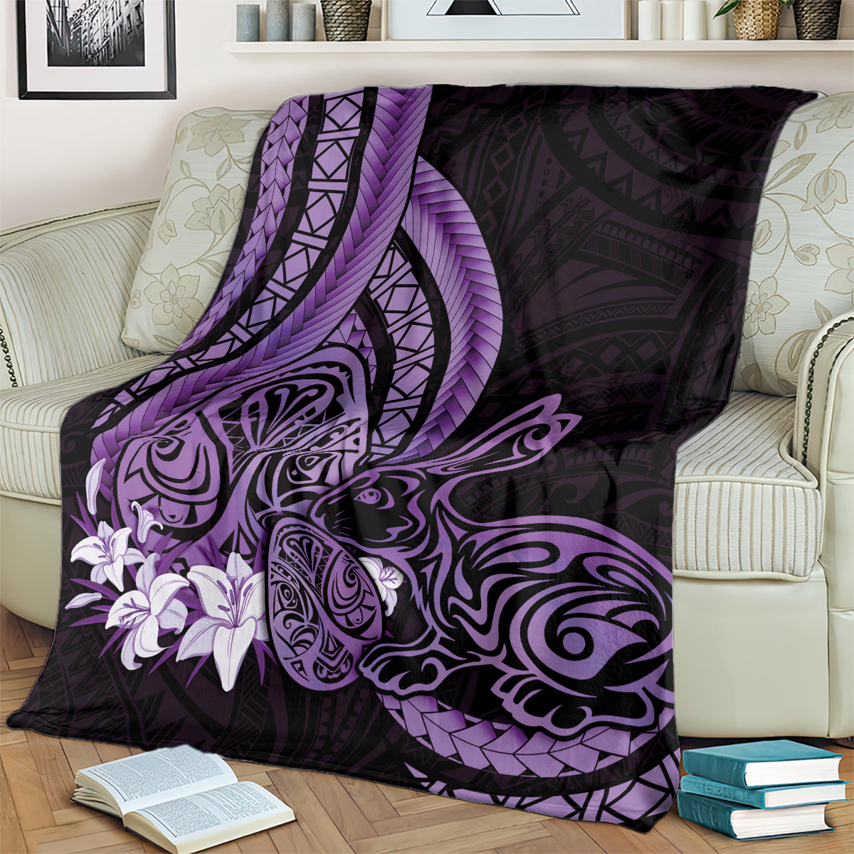 Purple Polynesia Easter Day Blanket Eggs With Bunny Polynesian Pattern