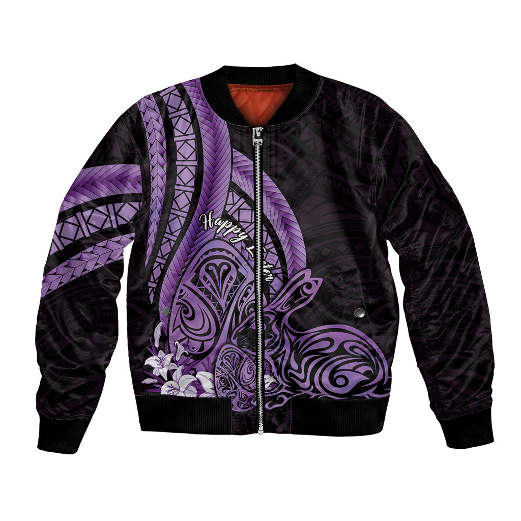 Purple Polynesia Easter Day Bomber Jacket Eggs With Bunny Polynesian Pattern
