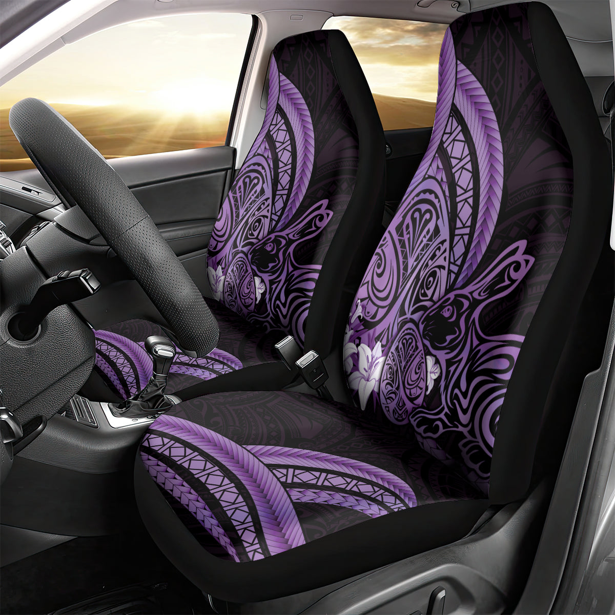 Purple Polynesia Easter Day Car Seat Cover Eggs With Bunny Polynesian Pattern