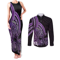 Purple Polynesia Easter Day Couples Matching Tank Maxi Dress and Long Sleeve Button Shirt Eggs With Bunny Polynesian Pattern