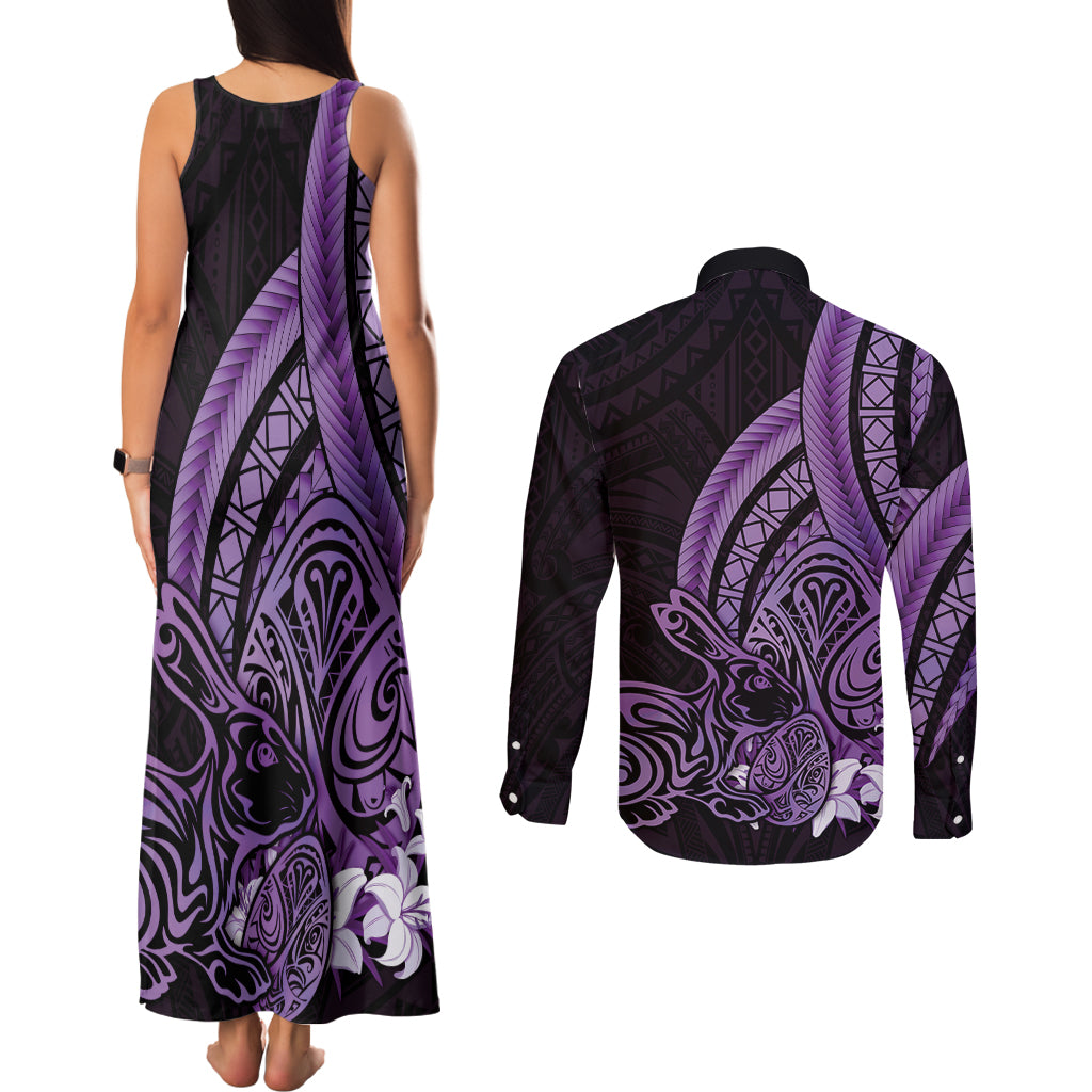 Purple Polynesia Easter Day Couples Matching Tank Maxi Dress and Long Sleeve Button Shirt Eggs With Bunny Polynesian Pattern