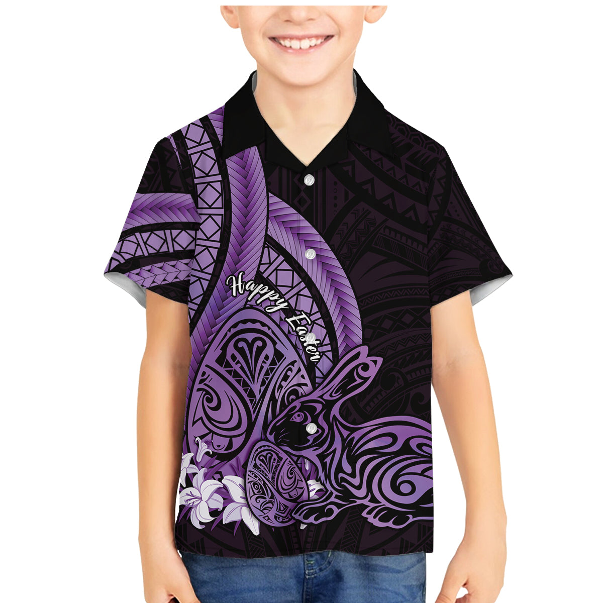 Purple Polynesia Easter Day Family Matching Mermaid Dress and Hawaiian Shirt Eggs With Bunny Polynesian Pattern